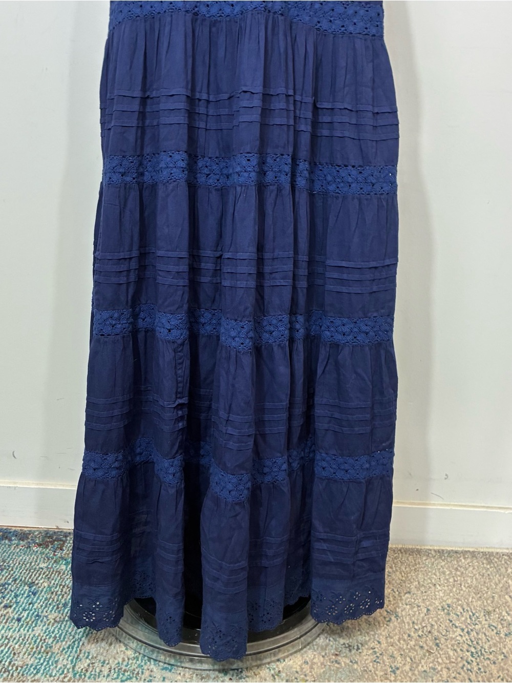 Roller Rabbit Navy Blue Persephone Dress Small Embroidered Lace Tiered Maxi S - Picture 5 of 12